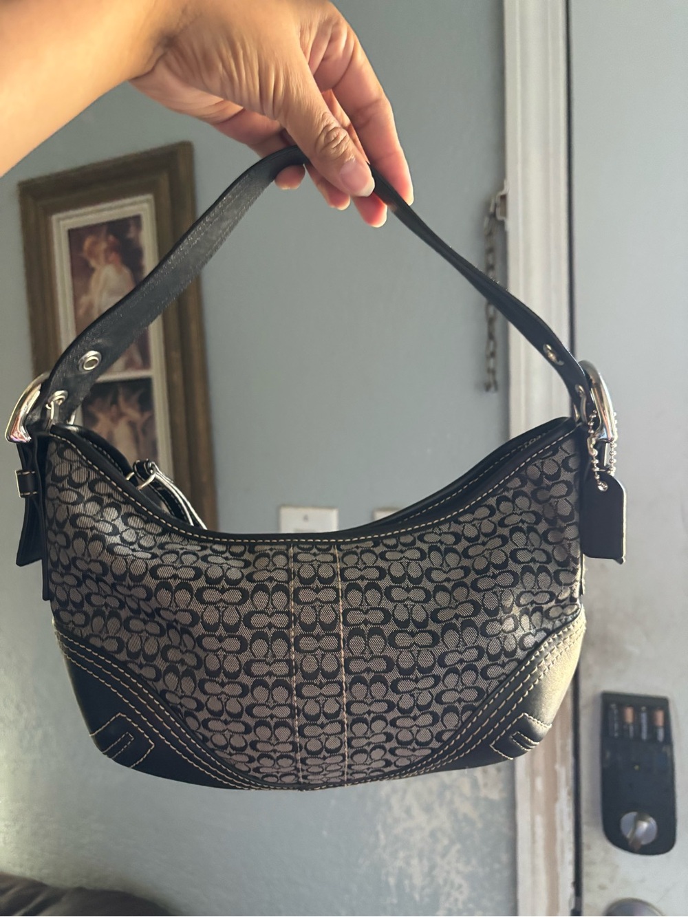 Coach Signature Monogram Black and Taupe Shoulder Bag
